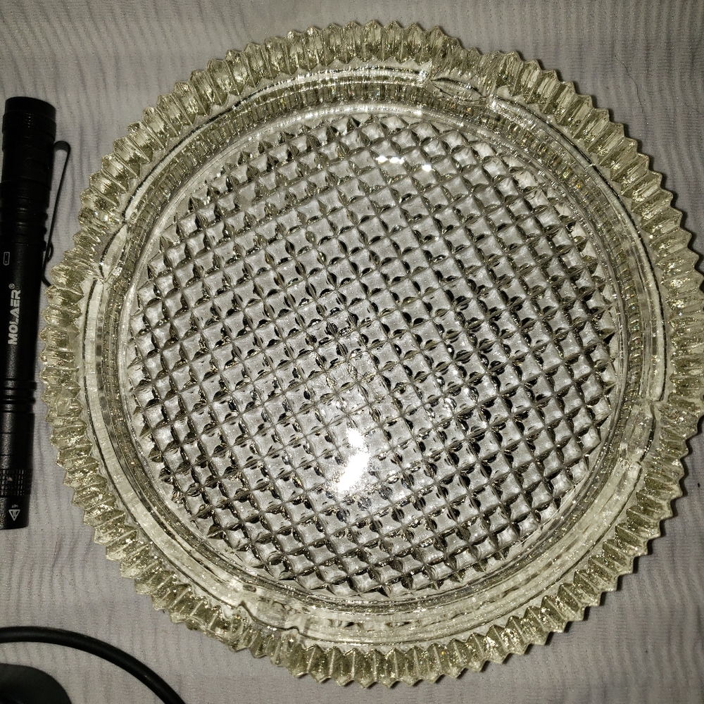 Diamond Point Crystal Heavy Ashtray 7" Round Tobacciana Crafted in Italy Clear